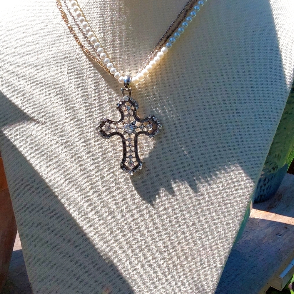 Silver tone and rhinestone cross 2.5 in marked NY